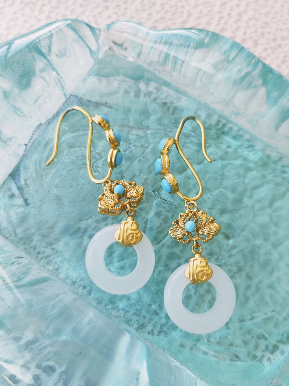 🌺 Gold and Aqua Floral Drop Earrings with White Chalcedony Rings
